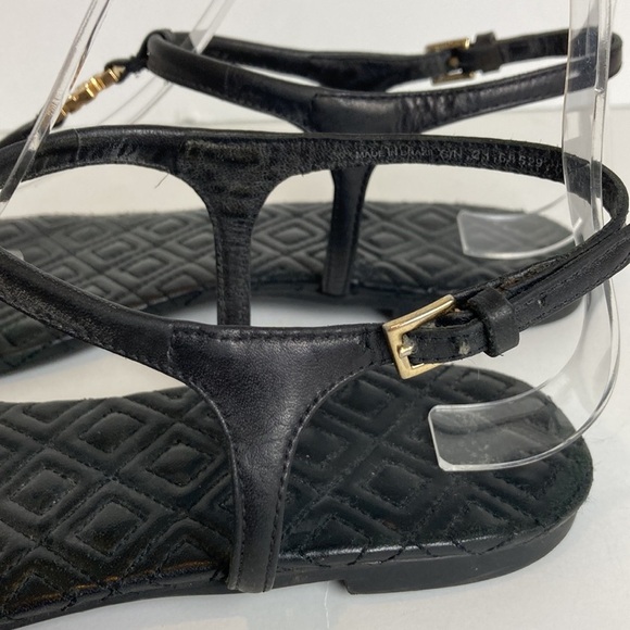 TORY BURCH Marion Quilted Black Leather T-Strap Gold Logo Sandals Size 8 Luxury - Picture 7 of 16